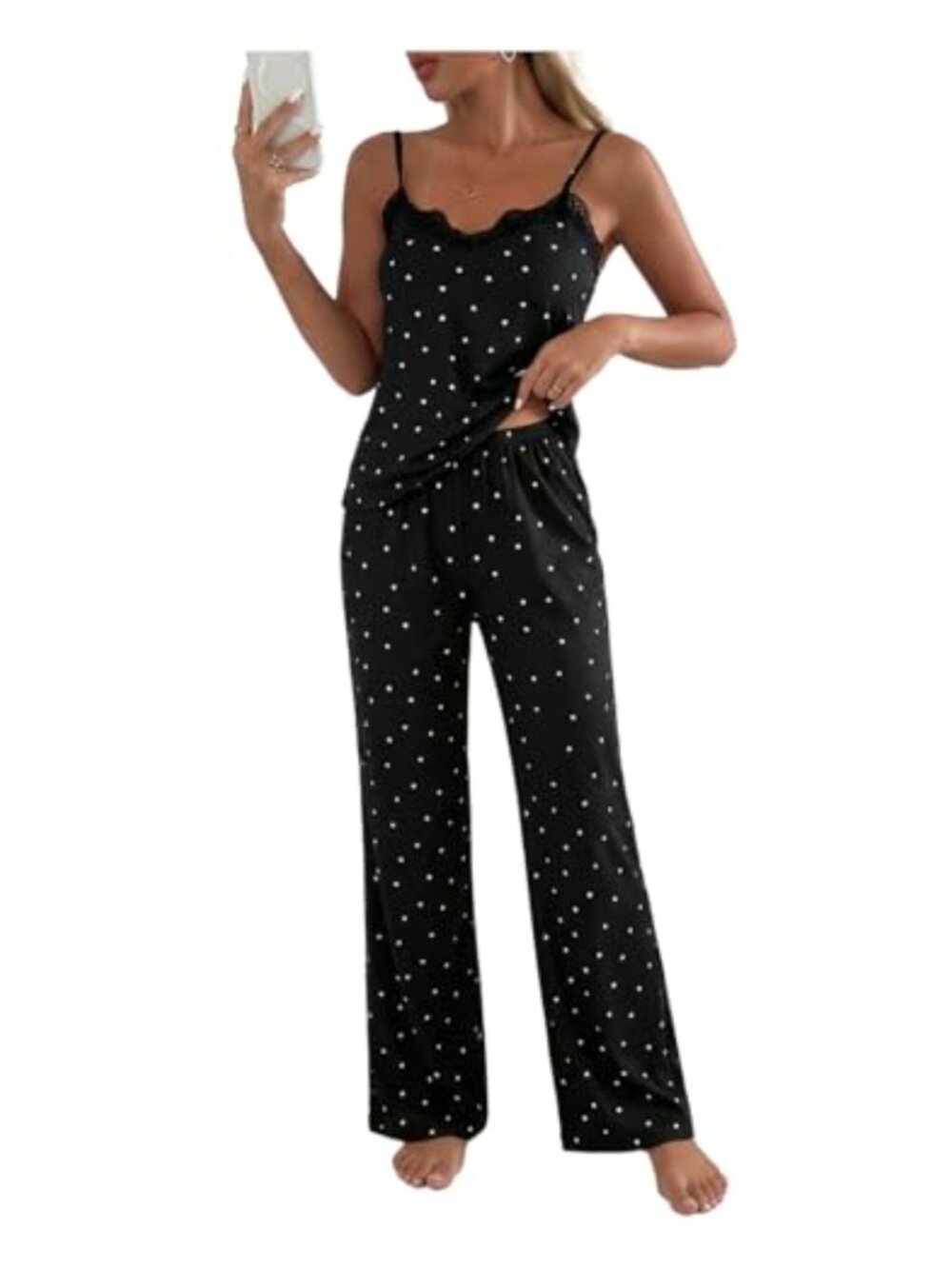 WDIRARA 2 Piece Pajama Set Heart Print Lace Trim Camisole Pants Sleepwear